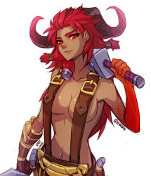 Rule 34 | 1girl, 2020, artist name, bare shoulders, belt, closed mouth, collarbone, commentary, cowboy shot, dark-skinned female, dark skin, english commentary, gauntlets, genderswap, genderswap (mtf), goat horns, gold trim, hammer, horns, league of legends, long hair, looking at viewer, navel, no bra, ornn, red eyes, red hair, shaded face, short twintails, simple background, single gauntlet, solo, topless, twintails, v-shaped eyebrows, vmat, white background