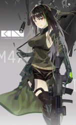 Rule 34 | 1girl, armband, assault rifle, asymmetrical legwear, black hair, black shorts, black thighhighs, breasts, brown eyes, bullet, camouflage, camouflage jacket, case, character name, clothes around waist, detached sleeves, elbow gloves, girls&#039; frontline, gloves, green hair, grey gloves, gun, highres, holding, holding gun, holding strap, holding weapon, jacket, jacket around waist, long hair, looking at viewer, m4 carbine, m4a1 (girls&#039; frontline), m4a1 (mod3) (girls&#039; frontline), magazine (weapon), medium breasts, mod3 (girls&#039; frontline), multicolored hair, nero4, remodel (girls frontline), ribbed legwear, ribbed shirt, rifle, scarf, scope, shell casing, shirt, short shorts, shorts, sleeveless, sleeveless shirt, smile, solo, standing, strap, streaked hair, suppressor, thighhighs, thighs, uneven legwear, weapon, weapon bag, zettai ryouiki