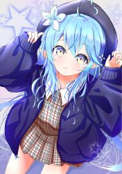 Rule 34 | 1girl, ahoge, blue hair, blue jacket, collared shirt, dress, elf, from above, fumi (fumibeing), hat, highres, hololive, jacket, long pointy ears, looking at viewer, plaid, plaid dress, pointy ears, shirt, sleeves past wrists, solo, star (symbol), virtual youtuber, yellow eyes, aged down, yukihana lamy