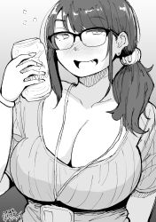 Rule 34 | 1girl, :d, absurdres, alcohol, beer, breasts, can, cleavage, earrings, glasses, greyscale, hadashi no kenji, hair ornament, hair scrunchie, hand up, highres, holding, holding can, jewelry, lanyard, large breasts, long hair, looking at viewer, mature female, monochrome, open mouth, original, ponytail, ribbed shirt, scrunchie, shirt, smile, solo, stud earrings, upper body