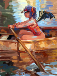 Rule 34 | amibazh, bat wings, blue hair, boat, faux traditional media, fine art parody, impressionism, lake, one-piece swimsuit, parody, parody request, red eyes, red lips, red one-piece swimsuit, red ribbon, remilia scarlet, ribbon, rowing, short hair, swimsuit, texture, thighs, touhou, visor cap, watercraft, wings, wrist cuffs