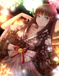 Rule 34 | 1girl, :d, alternate hairstyle, aqua eyes, black hair, black kimono, blunt bangs, blurry, blurry background, blurry foreground, blush, bokeh, branch, breasts, brown hair, cherry blossom print, cherry blossoms, cleavage, collarbone, commentary, depth of field, english commentary, festival, fireworks, floral print, green eyes, hair ornament, hairclip, hairpin, highres, japanese clothes, kimono, kurosawa dia, lantern, long hair, looking at viewer, love live!, love live! school idol festival, love live! sunshine!!, medium breasts, mixed-language commentary, mole, mole under mouth, obi, open mouth, outdoors, parted lips, playing with own hair, print kimono, rikofinn, sash, sidelocks, signature, smile, solo, tree, wide sleeves, yukata