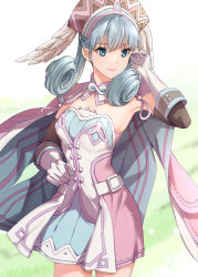 Rule 34 | 1girl, armpits, blue eyes, cape, closed mouth, curly hair, dress, elbow gloves, gloves, grass, hand in own hair, hat, head wings, melia antiqua, misu kasumi, multicolored clothes, multicolored dress, nintendo, pink dress, silver hair, solo, white gloves, wings, xenoblade chronicles (series), xenoblade chronicles 1