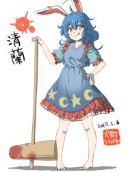 Rule 34 | 1girl, 2017, :q, ahoge, ambiguous red liquid, animal ears, artist name, barefoot, blue dress, blue hair, rabbit ears, character name, crescent print, dated, dress, earclip, frilled dress, frilled sleeves, frills, full body, hair between eyes, hand on own hip, inuno rakugaki, kine, long hair, looking at viewer, mallet, pigeon-toed, puffy short sleeves, puffy sleeves, red eyes, seiran (touhou), short sleeves, smile, solo, star (symbol), star print, tongue, tongue out, touhou, white background