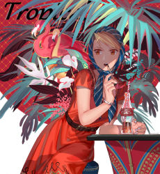 Rule 34 | 1girl, animal, belt, bird, blonde hair, bottle, bracelet, brown eyes, commentary, dress, drink, drinking straw, expressionless, flamenco, flower, fullmetal alchemist, jewelry, kerchief, looking away, nail polish, palm tree, plant, red background, red dress, riza hawkeye, shadow, simple background, sitting, sunlight, table, tree, two-tone background, white nails