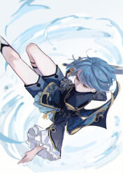 Rule 34 | 1boy, absurdres, bare legs, blue hair, blue jacket, blue shorts, brown eyes, closed mouth, dokex xx, frilled sleeves, frills, from above, full body, genshin impact, highres, holding, holding sword, holding weapon, hydrokinesis, jacket, long sleeves, male focus, short hair, shorts, solo, straight hair, sword, tassel, water, weapon, white background, xingqiu (genshin impact)