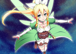 Rule 34 | 10s, 1girl, blonde hair, braid, breasts, choker, cleavage, elf, flying, green eyes, highres, leafa, long hair, ookami maito, outstretched arms, pointy ears, ponytail, side braid, smile, solo, sword art online, twin braids, wings