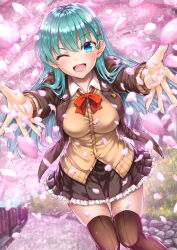 Rule 34 | 1girl, ;d, =, akizuki akina, aqua hair, blue eyes, blush, bow, breasts, brown jacket, brown skirt, brown thighhighs, cherry blossoms, collared shirt, foreshortening, frilled skirt, frills, hair ornament, hairclip, highres, jacket, kantai collection, large breasts, long hair, long sleeves, one eye closed, open clothes, open jacket, open mouth, outdoors, pleated skirt, red neckwear, remodel (kantai collection), school uniform, shirt, skirt, smile, solo, suzuya (kancolle), thighhighs, white shirt