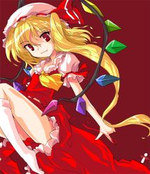 Rule 34 | 1girl, alphes (style), ascot, blonde hair, fang, fang out, female focus, flandre scarlet, hat, ideolo, kneehighs, long hair, midriff peek, mob cap, parody, red background, red eyes, simple background, sitting, socks, solo, style parody, touhou, very long hair, wings, yellow ascot