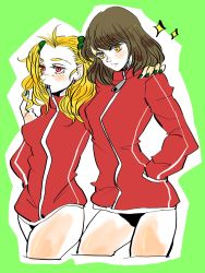Rule 34 | 2girls, atlus, ayase yuka, blonde hair, breasts, brown hair, forehead, freckles, height difference, highres, knpeneko, large breasts, legs, medium hair, multiple girls, nail polish, persona, persona 1, pocket, red eyes, shiny skin, smile, sonomura maki, thighs, track suit, twintails, yellow eyes, zipper