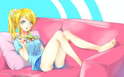 Rule 34 | 10s, 1girl, :o, ayase eli, barefoot, blonde hair, blush, breasts, couch, engawa (rarenago), unworn eyewear, feet, female focus, glasses, green eyes, highres, holding, holding removed eyewear, indoors, long hair, looking at viewer, love live!, love live! school idol festival, love live! school idol project, pillow, ponytail, red-framed eyewear, school uniform, shiny skin, shirt, shorts, soles, solo, t-shirt, thighs, toes