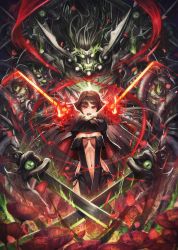 Rule 34 | 1boy, 1girl, bead necklace, beads, breasts, brown hair, capelet, dual wielding, extra arms, fangs, fate/grand order, fate (series), flaming sword, flaming weapon, flower, glowing, glowing eyes, glowing mouth, green eyes, highres, holding, jewelry, kuroi susumu, name connection, navel, necklace, object namesake, poppy (flower), red eyes, xiang yu (fate), yu mei-ren (fate)