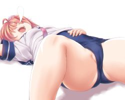 Rule 34 | 1girl, :d, ass, breasts, cameltoe, cleft of venus, clothes lift, crotch, dd (ijigendd), drooling, female focus, hand on own stomach, i-58 (kancolle), kantai collection, lying, nose bubble, old school swimsuit, on back, one-piece swimsuit, open mouth, partially visible vulva, saliva, school swimsuit, school uniform, serafuku, shirt, shirt lift, short hair, short sleeves, simple background, sleeping, small breasts, smile, solo, spread legs, swimsuit, swimsuit under clothes, teeth, thighs, white background, white shirt