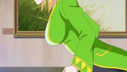 Rule 34 | 1boy, 1girl, angry, animated, anime screenshot, blonde hair, blue eyes, breasts, broken door, capelet, cayna, door, dress, elf, feather hair ornament, green dress, green eyes, hair ornament, hairband, large breasts, leadale no daichi nite, long hair, magic, mai-mai (leadale), pointy ears, punching, robe, silhouette, skargo (leadale), sound, subtitled, through ceiling, video, violence