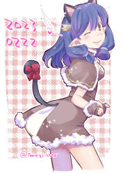 Rule 34 | 1girl, animal ears, blue hair, blush, breasts, brown capelet, brown dress, brown gloves, brown hair, capelet, cat day, cat ears, cat girl, cat tail, closed mouth, commentary request, cowboy shot, dated, dress, fingerless gloves, fur-trimmed capelet, fur-trimmed gloves, fur trim, gloves, high wizard (ragnarok online), highres, looking at viewer, looking to the side, medium breasts, medium hair, okosama lunch (sendan), one eye closed, pointy ears, ragnarok online, short dress, sidelocks, smile, solo, tail, twitter username