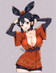 Rule 34 | 1girl, bike shorts, black hair, breasts, cleavage, cleavage cutout, clothing cutout, grey background, highres, large breasts, aged up, relaxjon, sakuna-hime, solo, tensui no sakuna-hime