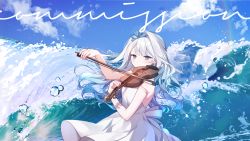 Rule 34 | 1girl, bare arms, bare shoulders, blue eyes, blue hair, blue sky, closed mouth, cloud, commission, day, dress, gradient hair, highres, holding, holding instrument, holding violin, instrument, long hair, moffle (ayabi), multicolored hair, music, original, outdoors, playing instrument, single hair intake, sky, sleeveless, sleeveless dress, smile, solo, very long hair, violin, water, waves, white dress, white hair