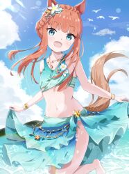 Rule 34 | 1girl, absurdres, aqua sarong, bare shoulders, barefoot, blue sky, braid, breasts, cloud, cloudy sky, commentary request, cowboy shot, crown braid, highres, horse girl, looking at viewer, mikumiku37, navel, ocean, official alternate costume, official alternate hairstyle, open mouth, orange hair, sarong, silence suzuka (emerald on the waves) (umamusume), silence suzuka (umamusume), sky, small breasts, smile, solo, swimsuit, umamusume, water, wet