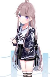 Rule 34 | 1girl, ahoge, black jacket, black skirt, blush, brown hair, chikuwa., closed mouth, collarbone, commentary request, hair between eyes, hand in pocket, highres, jacket, long hair, long sleeves, looking at viewer, open clothes, open jacket, original, over-kneehighs, purple eyes, shirt, skindentation, skirt, solo, striped clothes, striped thighhighs, thighhighs, two side up, very long hair, white background, white shirt