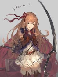 Rule 34 | 1girl, arisa (shadowverse), boots, bow (weapon), brown hair, dress, elf, gloves, green eyes, hair ribbon, hanarito, long hair, looking at viewer, open mouth, pointy ears, ribbon, shadowverse, skirt, solo, sword, thigh boots, thighhighs, weapon