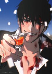 Rule 34 | 1boy, black eyes, black hair, black jacket, blood, blood on clothes, blood on face, collared shirt, cup, drinking glass, grin, hand up, highres, holding, holding cup, jacket, long sleeves, looking at viewer, male focus, mix (wkupmix), nicholas d. wolfwood, shirt, short hair, shot glass, smile, solo, teeth, trigun, upper body, white shirt