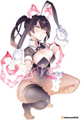 Rule 34 | 1girl, animal ears, black hair, black leotard, black thighhighs, blush, breasts, cleavage, covered navel, en&#039;en no shouboutai, fake animal ears, female focus, fiery ears, fiery tail, fishnet thighhighs, fishnets, full body, gloves, highleg, highleg leotard, highres, hot vr, large breasts, leotard, long hair, pantyhose, patreon username, playboy bunny, pout, rabbit ears, shrug (clothing), simple background, single thighhigh, solo, squatting, tail, tamaki kotatsu, thighhighs, twintails, v-shaped eyebrows, watermark, web address, white background, white gloves, wrist cuffs, yellow eyes