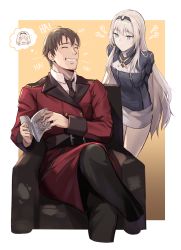 Rule 34 | 1boy, 1girl, ahoge, an-94 (girls&#039; frontline), arms behind back, belt, black neckwear, blue eyes, book, brown hair, buttons, closed eyes, closed mouth, collared shirt, commander (girls&#039; frontline), commentary, crossed legs, double-breasted, english commentary, girls&#039; frontline, griffin &amp; kryuger military uniform, grin, hairband, highres, holding, holding book, jacket, long hair, military, military uniform, miniskirt, niac, pale skin, platinum blonde hair, red jacket, shirt, short hair, sidelocks, sitting, skirt, smile, thighs, uniform, white shirt, white skirt, yellow background