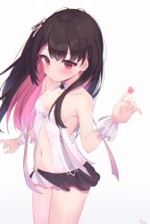 Rule 34 | 1girl, bare legs, bare shoulders, black skirt, blush, brown hair, closed mouth, collarbone, colored inner hair, commentary, cowboy shot, hair ribbon, hand up, highres, long hair, looking down, miniskirt, multicolored hair, navel, one side up, original, pink hair, pink ribbon, pleated skirt, red eyes, ribbon, roin, shirt, sidelocks, simple background, skirt, solo, stomach, streaked hair, white background, white shirt, wrist cuffs