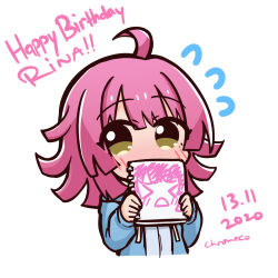 Rule 34 | &gt; &lt;, 1girl, ahoge, blue jacket, blunt bangs, blunt ends, blush, chroneco, covering own mouth, dated, drawing, drawstring, flying sweatdrops, hands up, happy birthday, holding, holding sketchbook, hood, hooded jacket, jacket, long sleeves, looking at viewer, love live!, love live! nijigasaki high school idol club, petite, pink hair, rina-chan board, shirt, short hair, signature, sketchbook, solo, tennoji rina, upper body, white background, white shirt, yellow eyes