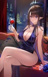 Rule 34 | 1girl, absurdres, alternate costume, black hair, blue archive, blue halo, breasts, cleavage, colored inner hair, crossed legs, cup, dress, drinking glass, evening gown, flower, gloves, half gloves, halo, halterneck, highres, holding, holding cup, large breasts, long hair, lux (3725), multicolored hair, night, no eyewear, pointy ears, purple dress, purple eyes, rin (blue archive), rose, sitting, skyline, white gloves, wine glass