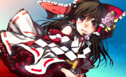 Rule 34 | 1girl, arm ribbon, blue background, bow, cherry blossoms, detached sleeves, dutch angle, female focus, flower, frilled sleeves, frills, gohei, hair bow, hair flower, hair ornament, hair tubes, hakurei reimu, kayako (tdxxxk), long hair, looking at viewer, parted lips, pink eyes, ribbon, smile, solo, touhou, wide sleeves