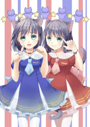 Rule 34 | 2girls, :3, animal ears, bad id, bad pixiv id, bell, black hair, bow, cat ears, cat tail, choker, dress, fang, frills, green eyes, hand on shoulder, long hair, looking at viewer, multiple girls, necktie, open mouth, original, pantyhose, paw pose, pleated skirt, puffy sleeves, short hair, short sleeves, skirt, standing, striped, striped background, tail, unya (unya-unya), white legwear, wristband