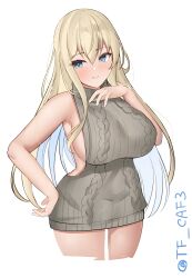 Rule 34 | 1girl, absurdres, alternate costume, backless dress, backless outfit, bismarck (kancolle), blonde hair, blue eyes, breasts, dress, grey sweater, highres, kantai collection, large breasts, long hair, meme attire, naked sweater, one-hour drawing challenge, sideboob, simple background, solo, sweater, sweater dress, tf cafe, twitter username, virgin killer sweater, white background