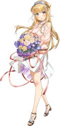 Rule 34 | 1girl, barefoot, blonde hair, blush, bouquet, breasts, double bun, dress, fletcher (kancolle), fletcher mk ii (kancolle), flower, full body, hair bun, hair ornament, hair ribbon, hairband, holding, holding bouquet, kantai collection, large breasts, long hair, long sleeves, net, official alternate costume, official art, open mouth, pink flower, pink rose, pink sweater, purple eyes, purple flower, purple rose, ribbon, rose, sandals, side bun, single side bun, skirt, smile, solo, star (symbol), star hair ornament, sweater, transparent background, veil, white flower, white rose, white skirt, yellow flower, yellow rose, zeco