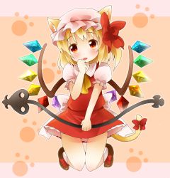 Rule 34 | 1girl, animal ears, bad id, bad pixiv id, blonde hair, blush, cat ears, cat girl, cat tail, dress, embodiment of scarlet devil, female focus, flandre scarlet, full body, hand to own mouth, hat, kemonomimi mode, laevatein, michii yuuki, necktie, open mouth, red dress, red eyes, ribbon, side ponytail, solo, tail, tail ornament, tail ribbon, touhou, wings