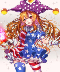 Rule 34 | 1girl, alternate legwear, american flag dress, american flag legwear, blonde hair, breasts, clownpiece, cowboy shot, dress, fire, gloves, gradient background, hat, highres, jester cap, long hair, looking at viewer, medium breasts, neck ruff, open mouth, petticoat, polka dot, puffy short sleeves, puffy sleeves, red eyes, renka (sutegoma25), short dress, short sleeves, smile, solo, sparkle, star (symbol), star print, striped clothes, striped thighhighs, thighhighs, torch, touhou, white gloves, zettai ryouiki