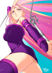 Rule 34 | 00s, 1girl, ass, boots, dress, fate/stay night, fate (series), from below, long hair, medusa (fate), medusa (rider) (fate), nameless dagger (fate), pink hair, purple eyes, purple hair, solo, square pupils, strapless, strapless dress, task owner, thigh boots, thighhighs, very long hair