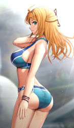 Rule 34 | 1girl, ass, bikini, blonde hair, blue bikini, bracelet, breasts, closed mouth, commentary request, fiora (xenoblade), gonzarez, green eyes, highres, jewelry, large breasts, long hair, looking at viewer, midriff, smile, solo, sports bra, sportswear, sweat, swimsuit, xenoblade chronicles (series), xenoblade chronicles 1