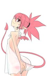 Rule 34 | 1girl, alternate costume, bat wings, breasts, commentary request, demon girl, demon tail, disgaea, dress, earrings, etna (disgaea), eyes visible through hair, flat chest, hekaton, jewelry, looking at viewer, looking back, makai senki disgaea, mini wings, pointy ears, red eyes, red hair, see-through, sideways glance, skull earrings, small breasts, smile, solo, sundress, tail, twintails, wings