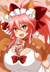 Rule 34 | 1girl, :d, ;d, afuro, bare shoulders, between breasts, blush, bow, breasts, bright pupils, brown gloves, brown hair, cat hair ornament, character doll, chibi, collar, fangs, fate/grand order, fate (series), gloves, hair bow, hair ornament, heart, heart background, large breasts, looking at viewer, maid headdress, one eye closed, open mouth, paw shoes, pink hair, ponytail, red bow, shoes, smile, solo, sparkle, tamamo (fate), tamamo cat (fate), tamamo cat (third ascension) (fate), upper body