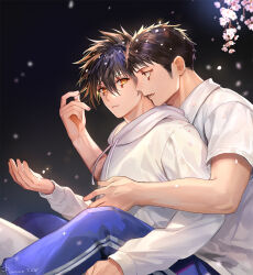 Rule 34 | 2boys, black hair, black sky, blue pants, cherry blossoms, closed mouth, collared shirt, dokuga, dorohedoro, eye tattoo, falling petals, feet out of frame, hand in another&#039;s hair, hood, hoodie, hug, hug from behind, male focus, multiple boys, open mouth, orange eyes, panco, pants, petals, shirt, short hair, short sleeves, sideburns, signature, sky, tetsujo, white hoodie, white shirt, yaoi