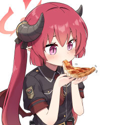 Rule 34 | 1girl, absurdres, aiguillette, blue archive, demon horns, demon wings, eating, food, hair ribbon, halo, highres, holding, holding food, holding pizza, horns, junko (blue archive), long hair, necktie, pizza, pizza slice, pointy ears, purple eyes, red eyes, red hair, red necktie, ribbon, shey kr, short sleeves, simple background, solo, twintails, upper body, white background, wings