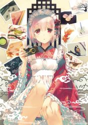 Rule 34 | 1girl, absurdres, animal, bird, blush, camera, fingernails, fish, floral print, frills, hair ornament, highres, holding, japanese clothes, maid, maid headdress, mitsumi misato, open mouth, original, photo (medium), pink hair, red eyes, scan, short hair, simple background, sitting, solo, wa maid, wide sleeves