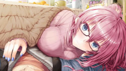 Rule 34 | 1boy, 1girl, blanket, blue eyes, blue nails, breasts, character name, cleavage, close-up, closed mouth, collarbone, cup, daidou (demitasse), food, fruit, girl on top, glasses, hetero, highres, indoors, kotatsu, long hair, looking at viewer, mandarin orange, megurine luka, mug, nail polish, open mouth, orange (fruit), out of frame, pov, purple hair, ribbed sweater, shelf, sleeping, smile, solo focus, sweater, table, takoluka, television, under covers, under kotatsu, under table, vocaloid