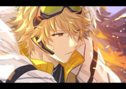 Rule 34 | 1boy, blonde hair, close-up, commentary request, goggles, goggles on head, helios rising heroes, high collar, highres, letterboxed, male focus, parted lips, partial commentary, sekina, short hair, solo, sweat, will sprout, yellow eyes