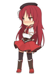 Rule 34 | 1girl, adapted costume, alternate hairstyle, beret, blush, boots, chibi, cosplay, full body, hair down, hat, long hair, magical girl, mahou shoujo madoka magica, mahou shoujo madoka magica (anime), red eyes, red hair, sakura kyoko, simple background, skirt, solo, striped clothes, striped thighhighs, thighhighs, tomoe mami, tomoe mami (cosplay), tsuduya (knt31), vertical-striped clothes, vertical-striped thighhighs, zettai ryouiki