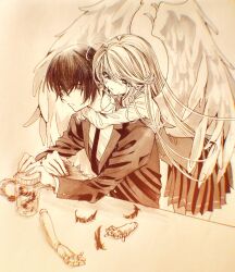 Rule 34 | 1boy, 1girl, ahoge, angel wings, aya carmine, cat, collared shirt, cowboy shot, doll joints, expressionless, feathered wings, feathers, formal, greyscale, hair between eyes, half-closed eyes, highres, hitomi hirosuke (sayonara wo oshiete), hug, hug from behind, jar, joints, leaning forward, long hair, looking at another, millipen (medium), monochrome, necktie, pleated skirt, sayonara wo oshiete, severed hand, shirt, simple background, sitting, sketch, skirt, smile, sugamo mutsuki, suit, traditional media, upper body, vest, wings