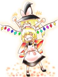 Rule 34 | 2girls, apron, arms up, black footwear, black shirt, black skirt, blonde hair, bow, braid, fang, flandre scarlet, full body, happy, hat, hat bow, kirisame marisa, koufukutei yumeko, long hair, maid apron, mary janes, multicolored wings, multiple girls, one side up, open mouth, puffy short sleeves, puffy sleeves, red footwear, red skirt, shirt, shoes, short sleeves, simple background, single braid, sitting, sitting on person, skirt, socks, standing, teeth, touhou, white apron, white bow, white shirt, white socks, wings, witch hat, yellow background