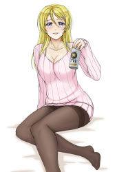 Rule 34 | 10s, 1girl, aged up, alcohol, ayase eli, beer, beer can, blonde hair, blue eyes, blush, breasts, can, cleavage, drink can, earrings, hair ornament, highres, jewelry, long hair, love live!, love live! school idol festival, love live! school idol project, mature female, medium breasts, no shoes, pantyhose, pas (paxiti), ribbed sweater, solo, sweater, thighband pantyhose