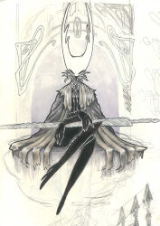 Rule 34 | 1other, brooch, cape, creature, crossed arms, grey cape, grey ribbon, groosebumps, high collar, highres, holding, holding sword, holding weapon, hollow knight, hollow knight (character), horns, jewelry, looking at viewer, nail (hollow knight), no humans, no mouth, sitting, sketch, solo, sword, throne, weapon